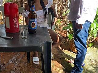 A sixty-year-old naughty man fucks a latina girl in a brazilian bar outdoors with amateurs watching