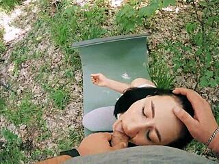 Pov jerking brunette ponytail in forest yoga, huge facial
