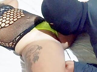 Latina Ebony Transexual Enjoys Blowjob And Creampie With Masked Man Who Cums Too Fast