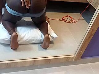 Ebony goddess with huge curvy ass and tits licks in lingerie at gym