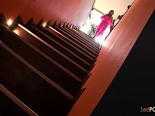 Pink fencenet brunette licking her small 18+ titty lesbo lover as she vigorously masturbates