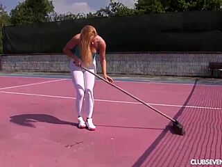 Chrissy Fox fingers her trimmed pussy on the tennis court in spandex outdoors.