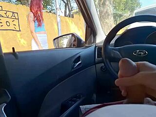 Risky public handjob targets horny redhead student in miniskirt on street near bus stop.