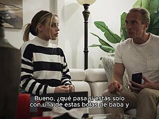 A blonde with natural tits offers her pussy in a passionate Spanish-subbed encounter, ending in creampie and cumshot action.
