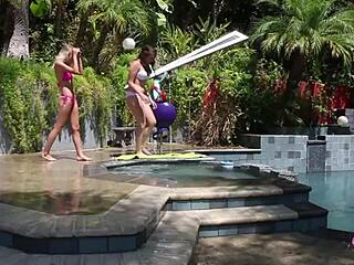 two best friends ignite passion outdoors by licking and fingering shaved pussies until orgasm