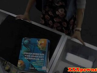 Gorgeous babe in glasses hints at riding pawnshop owner's massive cock