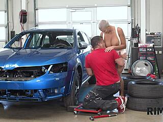 Blonde milf with big tits licks anus and gives blowjob in car repair shop encounter