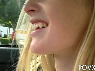 Erected pecker slides into a shaved teen pussy during hardcore blowjob pov action.