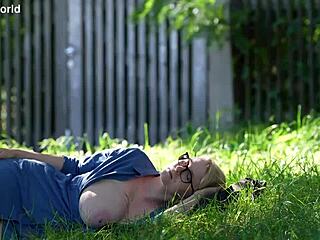 hiking adventure shows downblouse saggy tits in public exposure