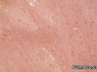This horny honey takes a cumshot right on her face and swallows every drop casually.
