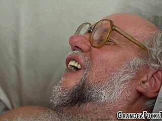 Blonde teen 18+ seduces old guy into blowing his load all over her big jizz-covered boobs after oral fun.