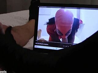 Preview gift to my biggest fan handjob in gloves while is watching one of my vids with cumshot