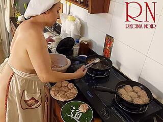 nudist housewife regina noir cooks in the kitchen as a naked maid