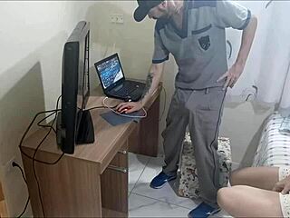 Hey, check out this redhead in uniform getting naughty with the maintenance guy on hidden camera while alone at home