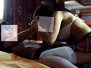 College girl in skirt gets fucked hotly in hotel