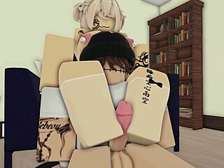 A guy receives footjob from cute roblox cutie