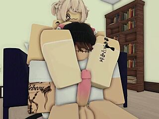 A guy receives footjob from cute roblox cutie