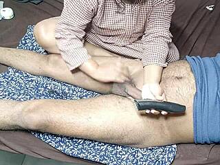 Stepmom accidentally trims my cock hair