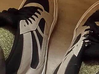 Friend has fun trashing my sneakers in fetish play