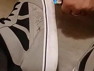 Friend has fun trashing my sneakers in fetish play