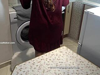 Stupid maid feels trapped in washing machine