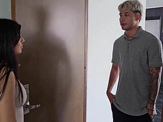 latina interacts with building manager suggestively