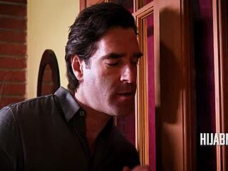 Hijab milf kneels for pov blowjob