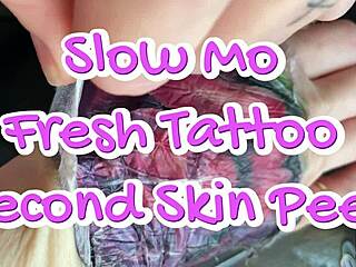 Slow motion tattoo skin peel process