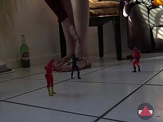 tall blonde giantess in heels rides toys amidst balloons