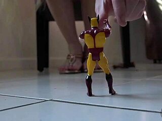 tall blonde giantess in heels rides toys amidst balloons