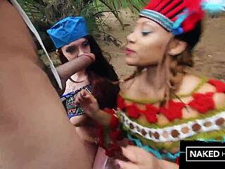 thick booty ebony ivory baddies slurping cock in woods