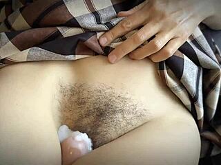 Stepson Rubs Stepmom's Hairy Pussy Until Cumshot