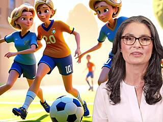 European mom and stepson enjoy playing football together. ⚽