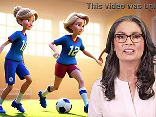 European mom and stepson enjoy playing football together. ⚽