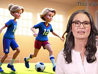 European mom and stepson enjoy playing football together. ⚽