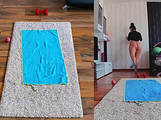 Naughty curvy milf spreads big ass naked in dual cam yoga workout