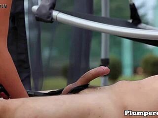 Chubby dominas whip sub in outdoor lingerie trio with boots and panties