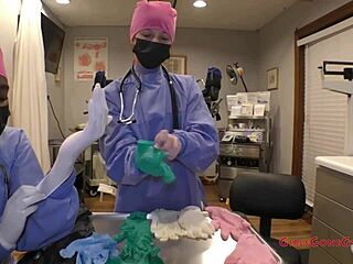 brunette nurse jewel tries on latex gloves in hospital backstage