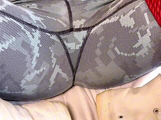 blonde pretty girl masturbates moaning in tight leggings