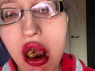 giantess with big lips and eyeglasses contrasts huge tall fetish while eating snickers protein bar