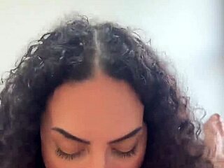 curvy latina with natural tits gives sloppy deepthroat in pov casting then masturbates to cum on tits finish