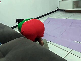 mature latina housewife puts up a curtain in the bathroom just to watch the young man shower