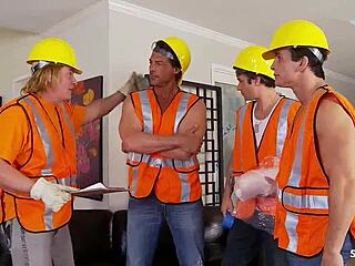 Wrecking crew seduces skinny bitch Jenna Justine to old young group sex.