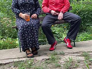 hot milf jerks big dick into glass in park on bench 🍆💦