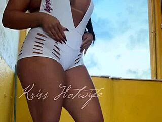 Naughty Brazilian wife flashes cameltoe in short shorts to gym friend outdoors. her big tits and pussy tease in public pov view.