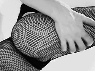 Fishnet Tights Tease With Sexy Ass And Feet In Black And White