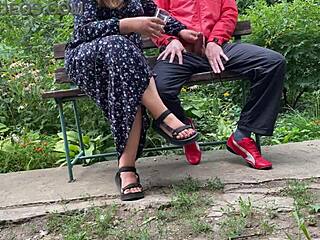 hot milf jerks big dick into glass in park on bench 🍆💦