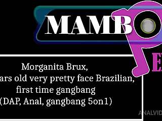 Morganita Brux 20 years old pretty Brazilian faces first time gangbang with monster cocks DAP