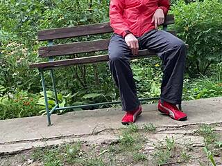 hot milf jerks big dick into glass in park on bench 🍆💦