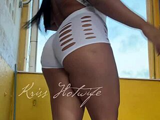 Naughty Brazilian wife flashes cameltoe in short shorts to gym friend outdoors. her big tits and pussy tease in public pov view.